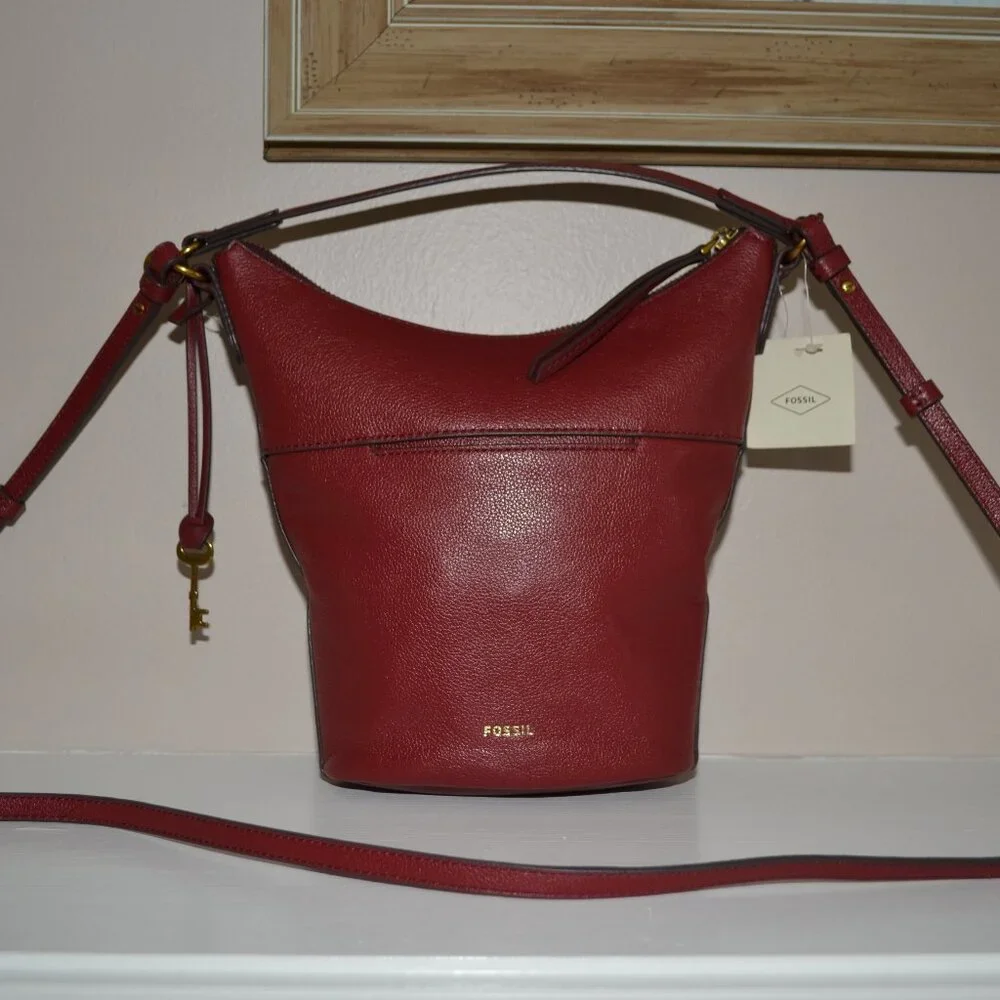 Fossil Talulla Red Velvet Brandy Leather NWT $230 Crossbody Hobo Bag